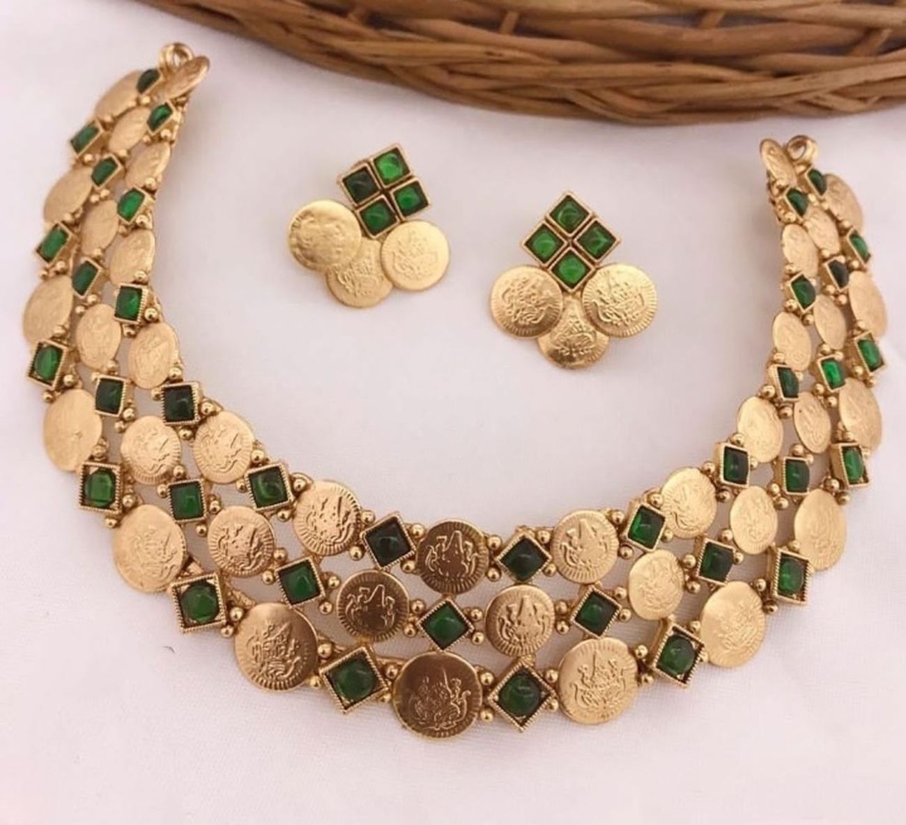 Jewel City Luxurious Temple Coin Necklace Set with Emerald Green Stones - Traditional South Indian Goddess Lakshmi Design Wedding Jewelry Collection - Distacart