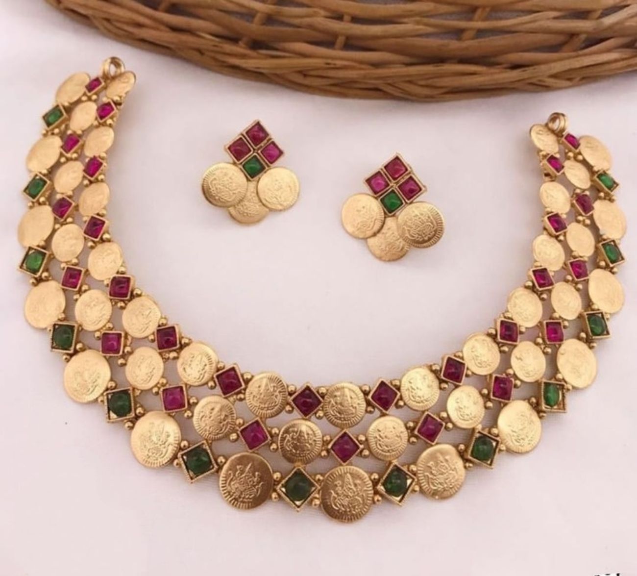 Jewel City Luxurious Temple Coin Necklace Set with Red Green Stones - Traditional South Indian Goddess Lakshmi Design Wedding Jewelry Collection - Distacart