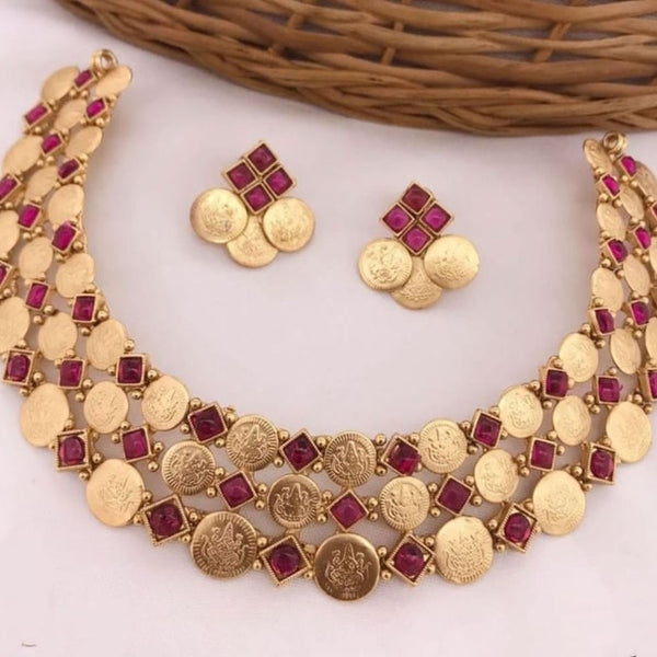 Jewel City Luxurious Temple Coin Necklace Set with Red Stones - Traditional South Indian Goddess Lakshmi Design Wedding Jewelry Collection - Distacart