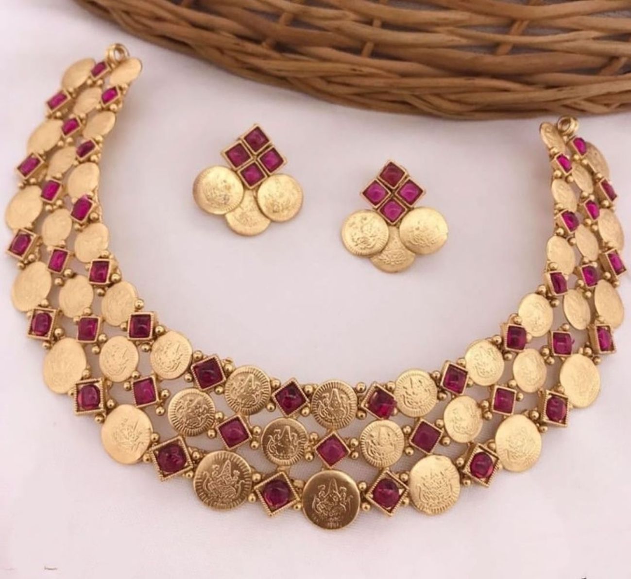 Jewel City Luxurious Temple Coin Necklace Set with Red Stones - Traditional South Indian Goddess Lakshmi Design Wedding Jewelry Collection - Distacart