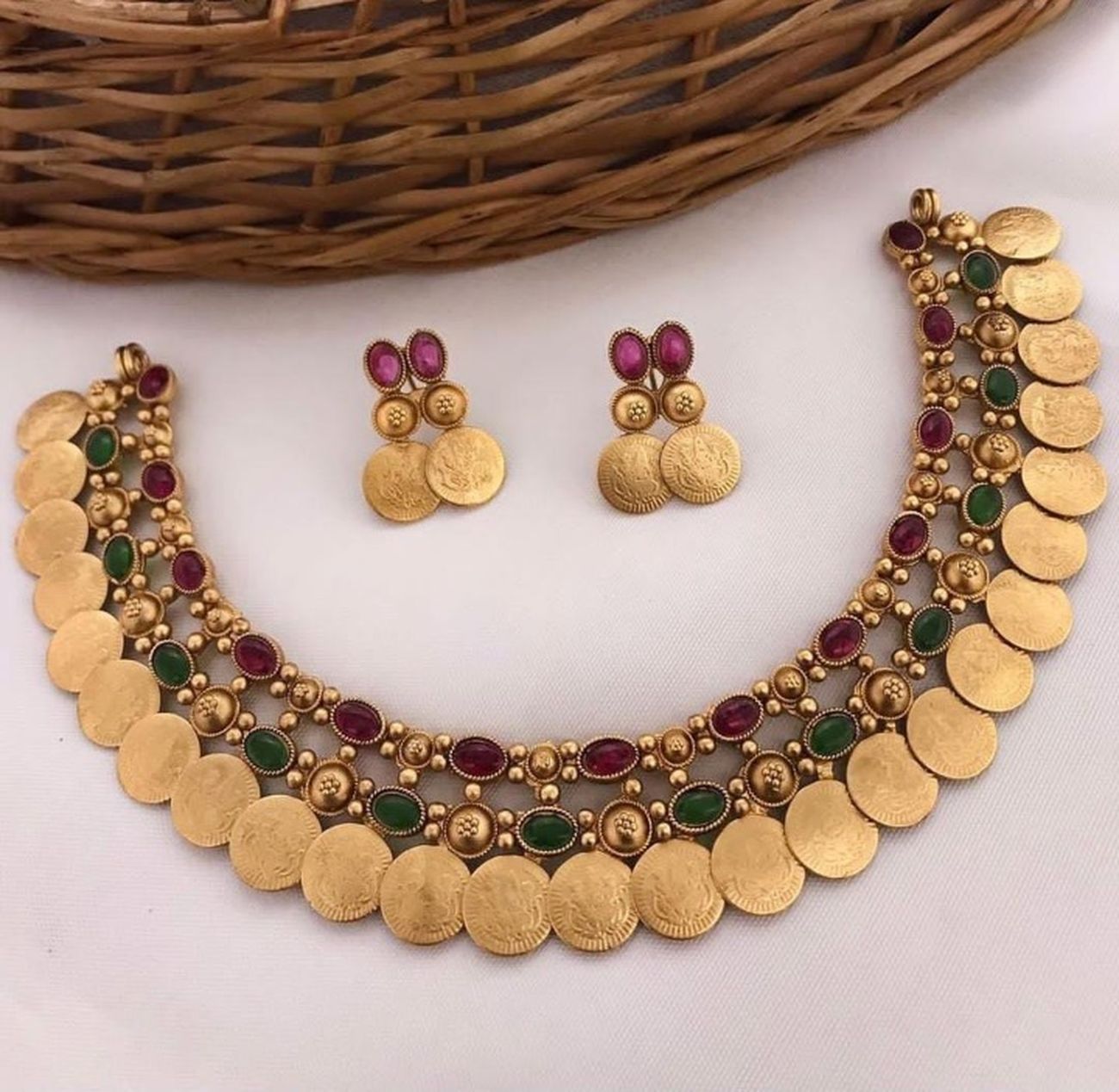 Jewel City Antique Gold Temple Coin Necklace Set with Ruby & Emerald Stones - Traditional South Indian Multi-Row Bridal Jewelry Collection