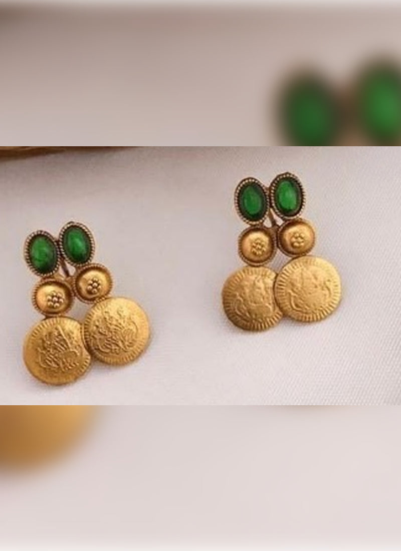 Jewel City Antique Gold Temple Coin Necklace Set with Emerald Green Stones - Traditional South Indian Multi-Row Bridal Jewelry Collection