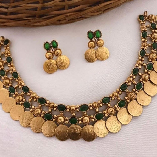 Jewel City Antique Gold Temple Coin Necklace Set with Emerald Green Stones - Traditional South Indian Multi-Row Bridal Jewelry Collection