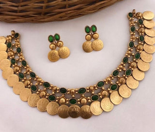 Jewel City Antique Gold Temple Coin Necklace Set with Emerald Green Stones - Traditional South Indian Multi-Row Bridal Jewelry Collection