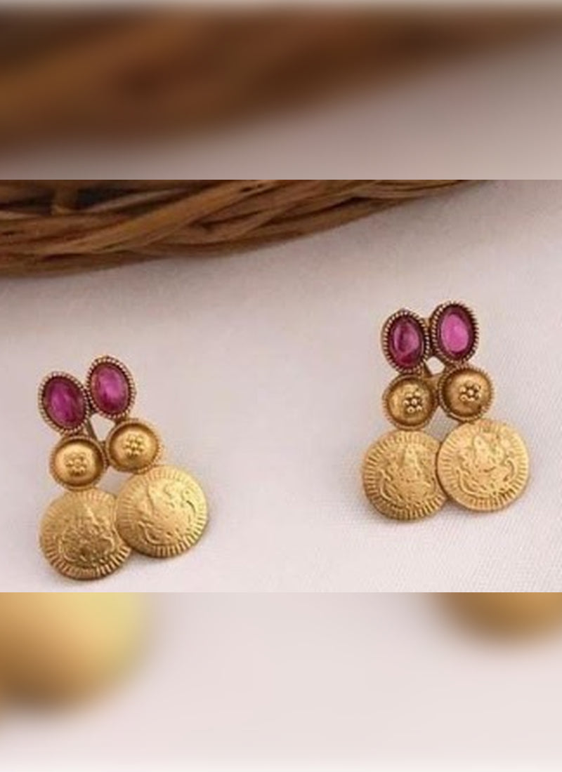 Jewel City Antique Gold Temple Coin Necklace Set with Ruby Stones - Traditional South Indian Multi-Row Bridal Jewelry Collection