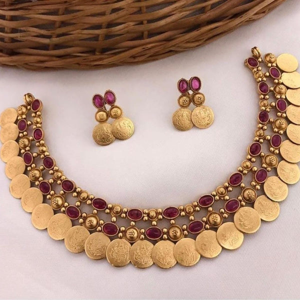 Jewel City Antique Gold Temple Coin Necklace Set with Ruby Stones - Traditional South Indian Multi-Row Bridal Jewelry Collection - Distacart