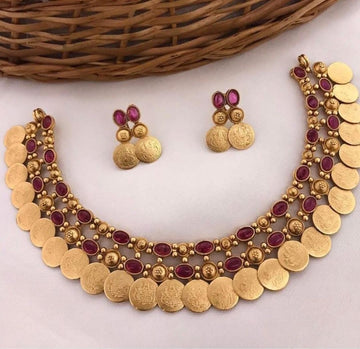 Jewel City Antique Gold Temple Coin Necklace Set with Ruby Stones - Traditional South Indian Multi-Row Bridal Jewelry Collection - Distacart