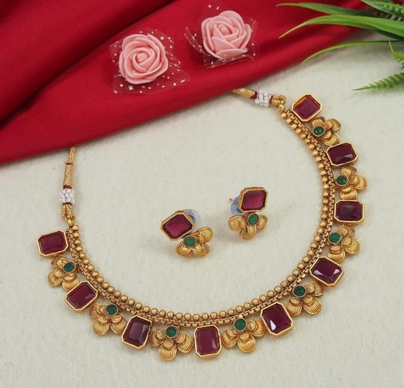 Jewel City Antique Gold Ruby Green Floral Choker Set - Adjustable Designer Necklace with Pearl Tassels - Traditional Indian Wedding Jewelry Collection