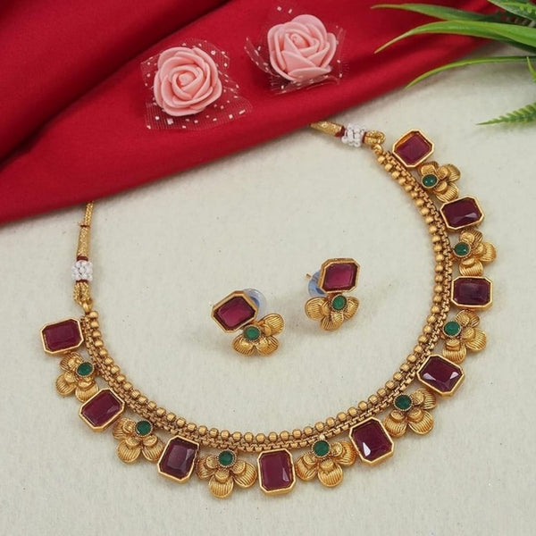 Jewel City Antique Gold Ruby Green Floral Choker Set - Adjustable Designer Necklace with Pearl Tassels - Traditional Indian Wedding Jewelry Collection - Distacart