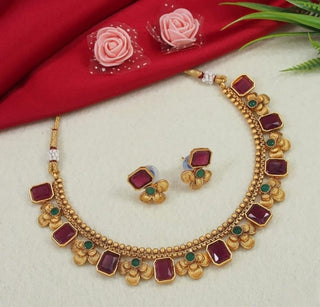 Jewel City Antique Gold Ruby Green Floral Choker Set - Adjustable Designer Necklace with Pearl Tassels - Traditional Indian Wedding Jewelry Collection