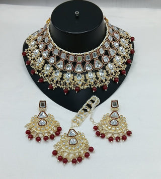 Jewel City Royal Kundan Bridal Jewelry Set - Maroon & Crystal Choker with Earrings & Maang Tikka