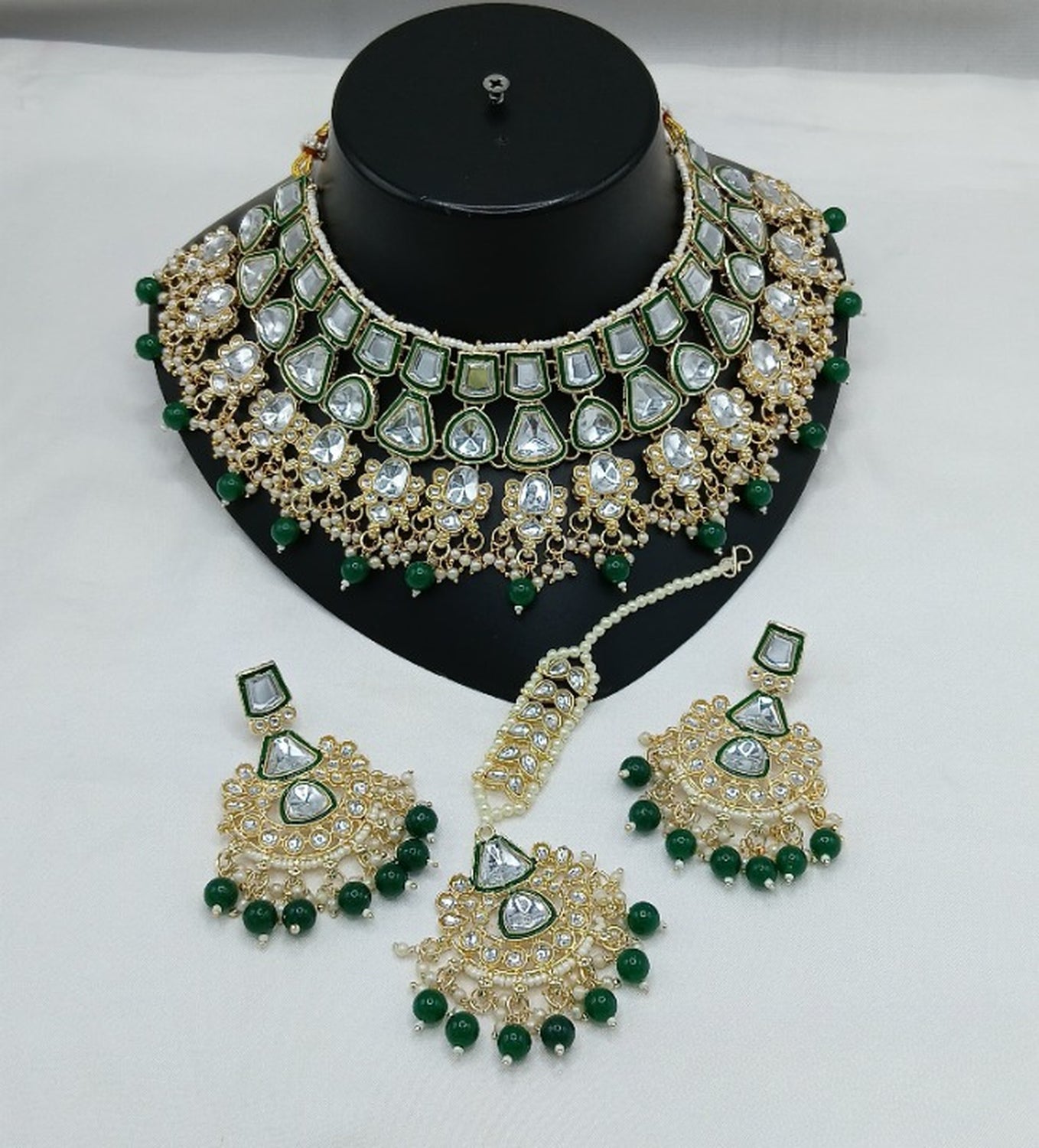 Jewel City Royal Kundan Bridal Jewelry Set -Green & Crystal Choker with Earrings & Maang Tikka