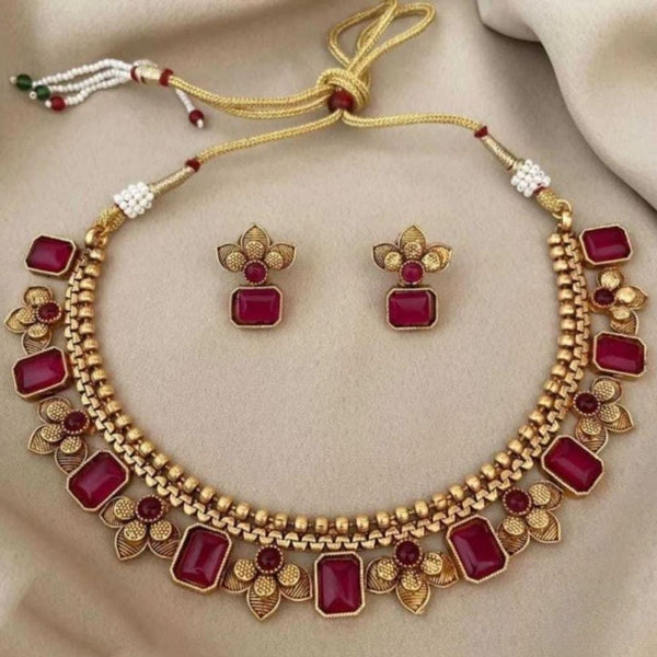 Jewel City Antique Gold Ruby Floral Choker Set - Adjustable Designer Necklace with Pearl Tassels - Traditional Indian Wedding Jewelry Collection - Distacart