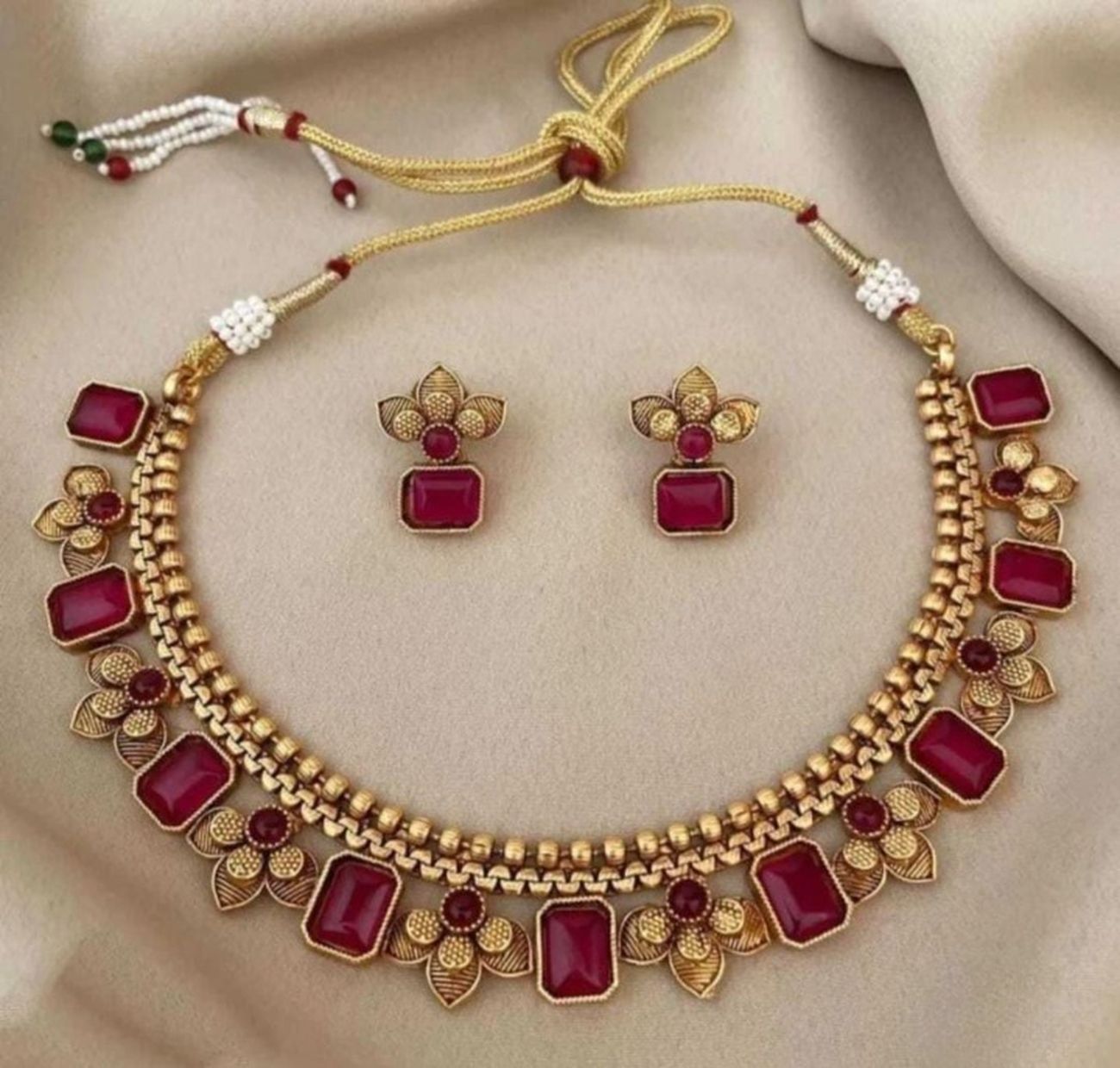 Jewel City Antique Gold Ruby Floral Choker Set - Adjustable Designer Necklace with Pearl Tassels - Traditional Indian Wedding Jewelry Collection
