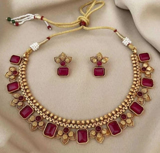 Jewel City Antique Gold Ruby Floral Choker Set - Adjustable Designer Necklace with Pearl Tassels - Traditional Indian Wedding Jewelry Collection