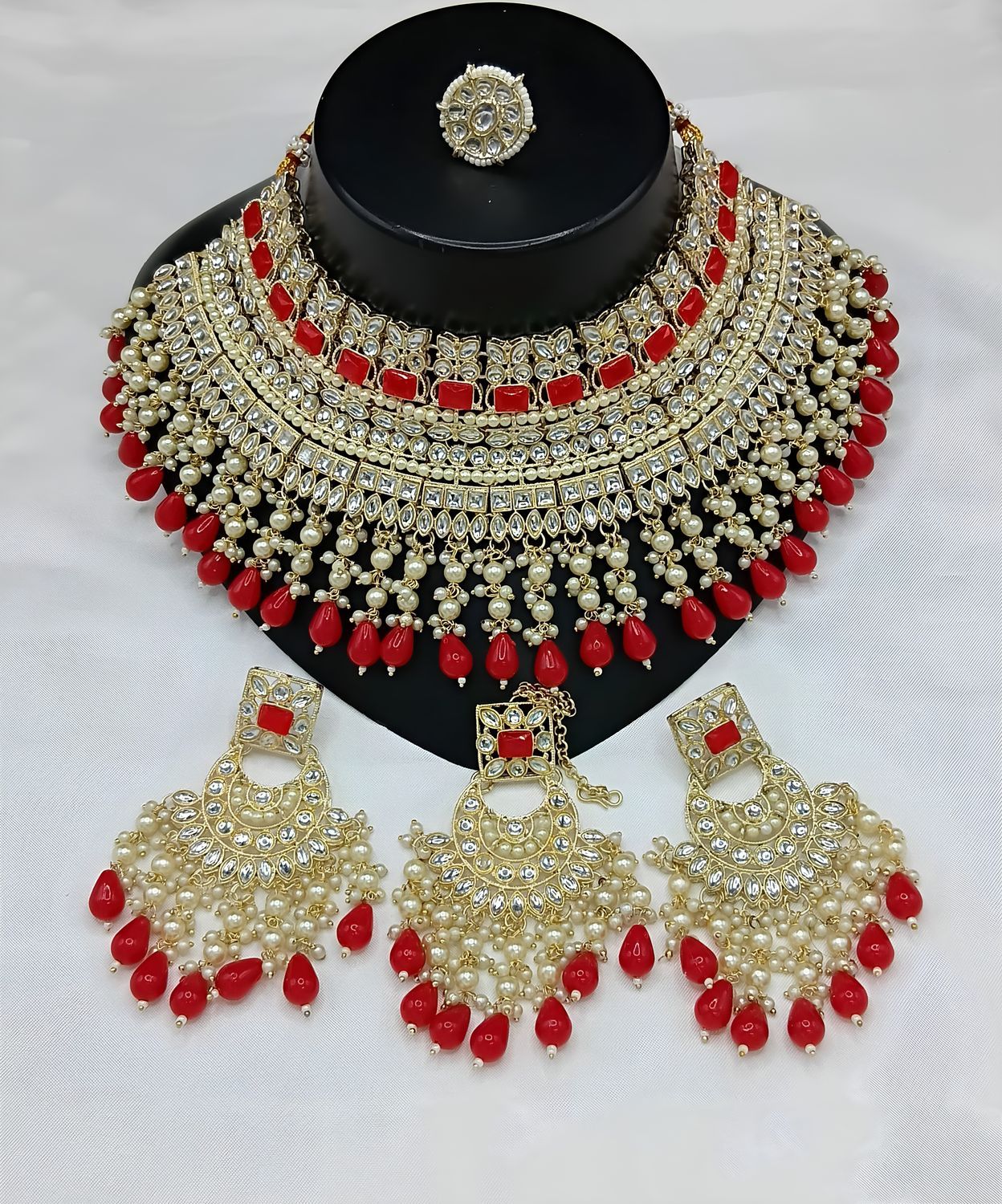 Jewel City Royal Pearl and Crystal Choker Set - Gold-Plated Wedding Jewelry with Earrings and Ring