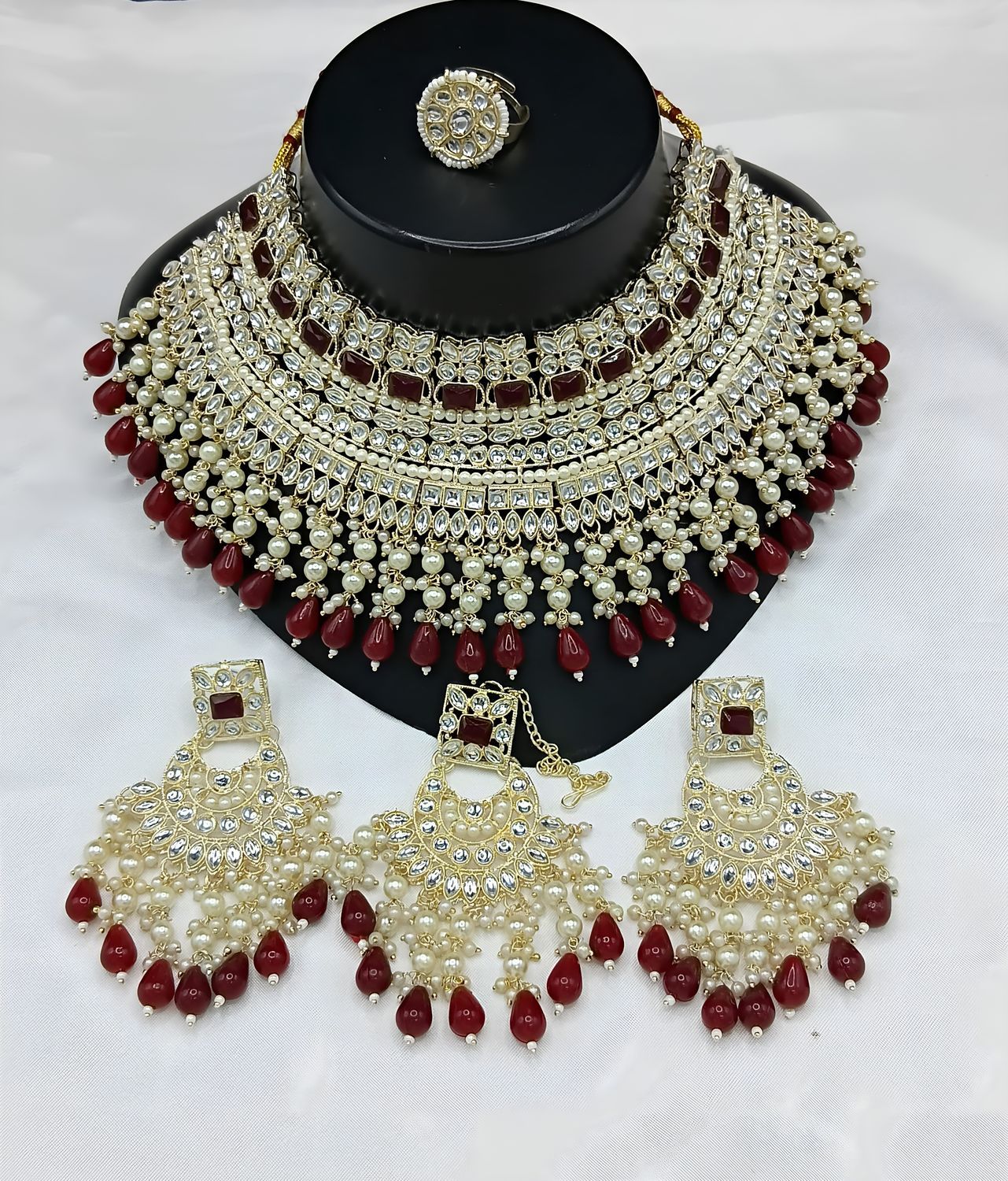 Jewel City Royal Pearl and Crystal Choker Set - Gold-Plated Wedding Jewelry with Earrings and Ring - Distacart