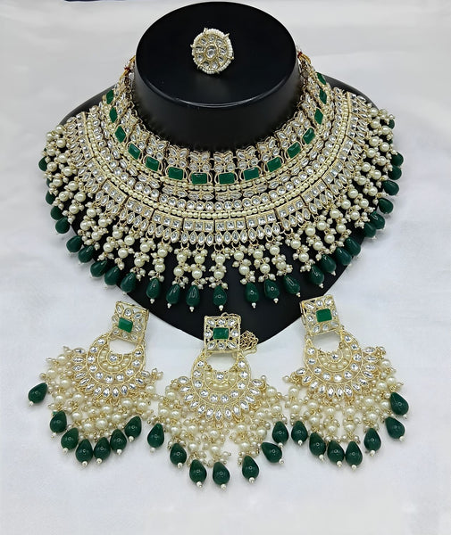 Jewel City Royal Pearl and Crystal Choker Set - Gold-Plated Wedding Jewelry with Earrings and Ring
