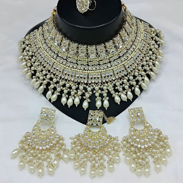 Jewel City Royal Pearl and Crystal Choker Set - Gold-Plated Wedding Jewelry with Earrings and Ring - Distacart