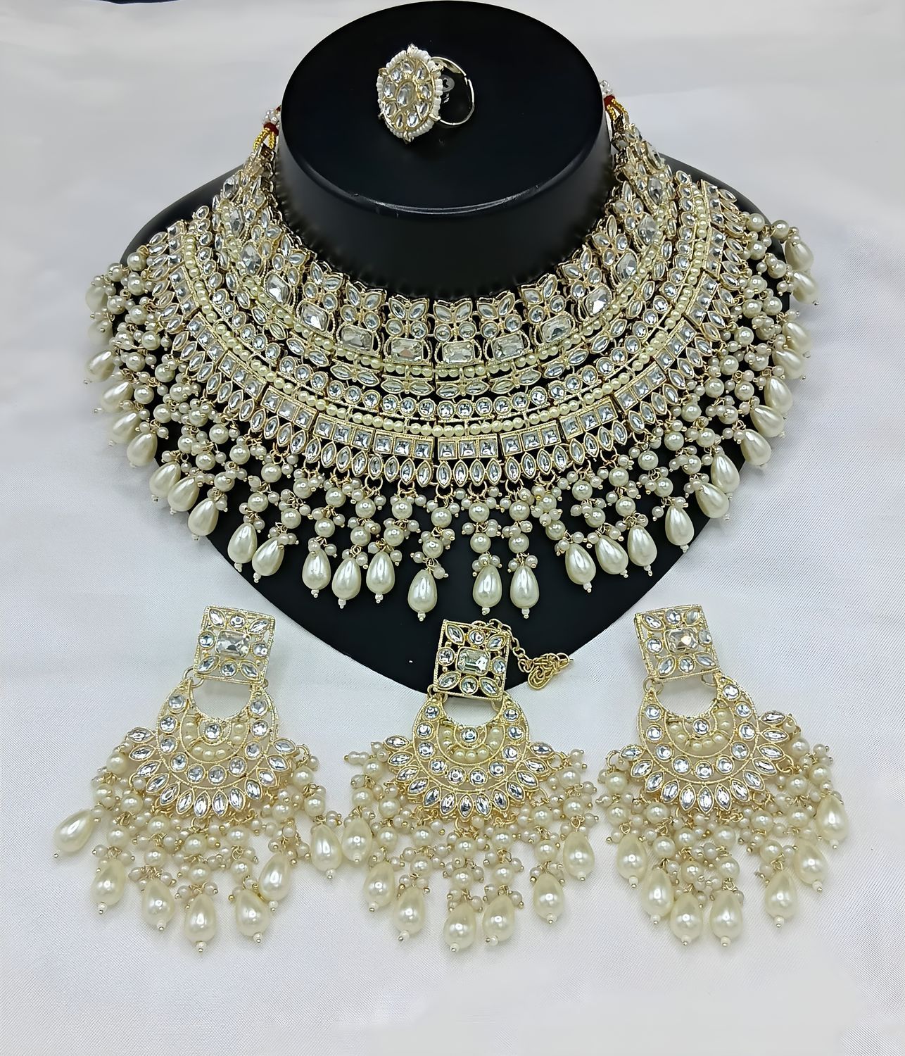Jewel City Royal Pearl and Crystal Choker Set - Gold-Plated Wedding Jewelry with Earrings and Ring - Distacart