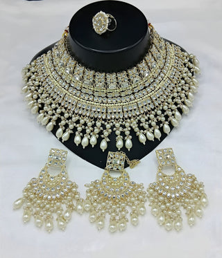Jewel City Royal Pearl and Crystal Choker Set - Gold-Plated Wedding Jewelry with Earrings and Ring
