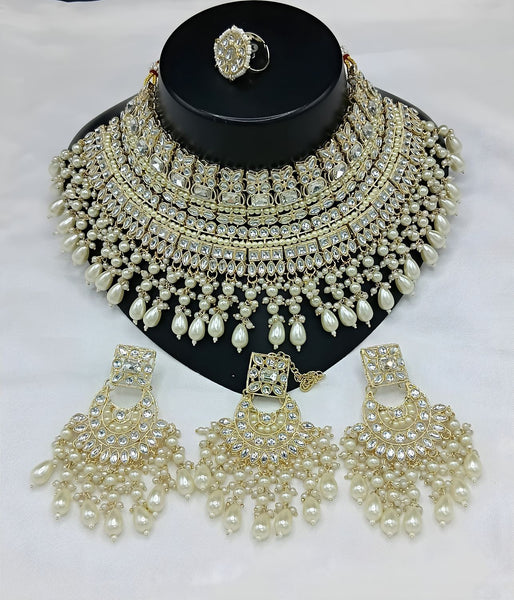 Jewel City Royal Pearl and Crystal Choker Set - Gold-Plated Wedding Jewelry with Earrings and Ring