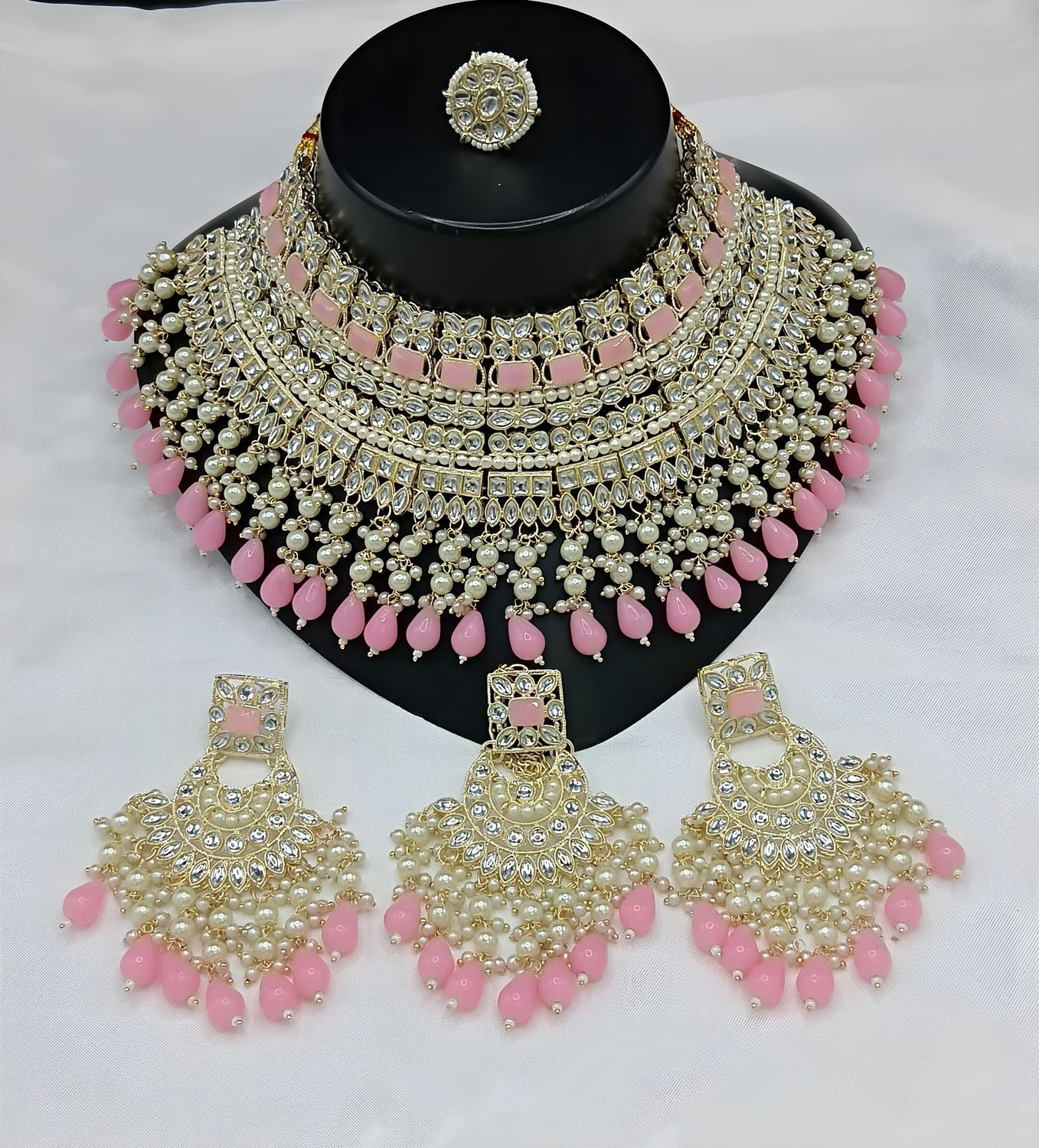 Jewel City Royal Pearl and Crystal Choker Set - Gold-Plated Wedding Jewelry with Earrings and Ring - Distacart