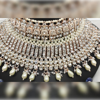 Jewel City Luxury White Crystal Choker Set - Rose Gold-Plated Bridal Jewelry with Pearl Accents