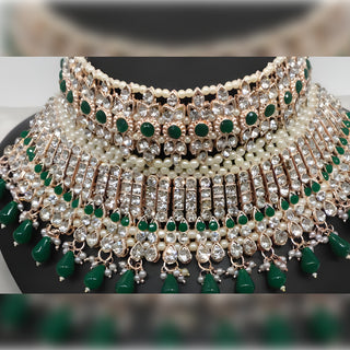 Jewel City Luxury Green Crystal Choker Set - Rose Gold-Plated Bridal Jewelry with Pearl Accents