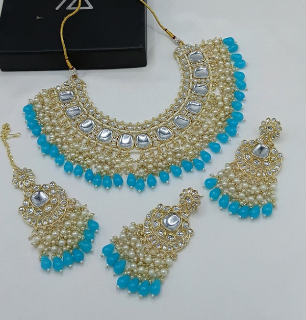 Jewel City Luxurious Kundan Choker Set with Pearl and Turquoise Bead Accents - Traditional Indian Bridal Jewelry
