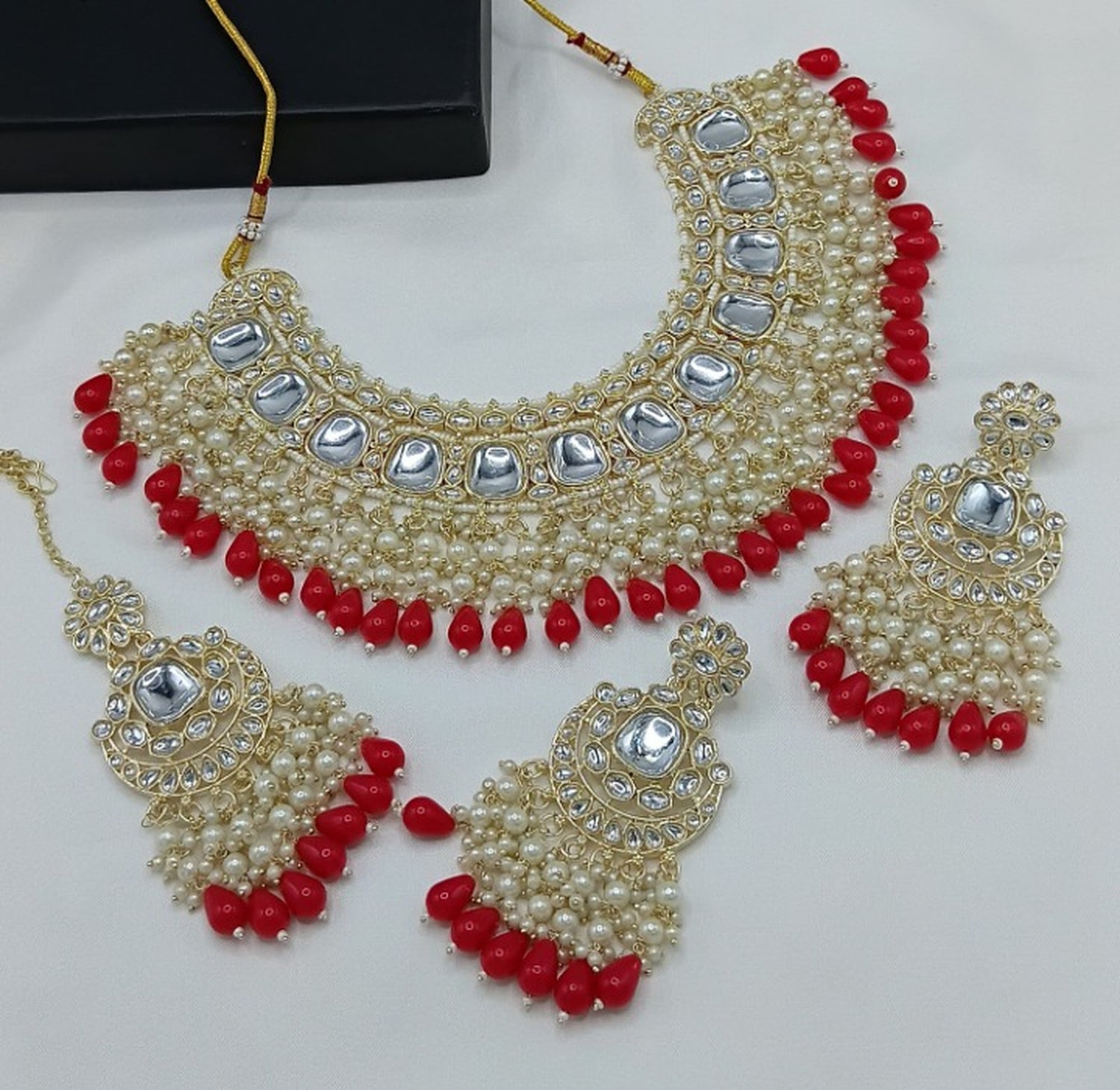 Jewel City Luxurious Kundan Choker Set with Pearl and Red Bead Accents - Traditional Indian Bridal Jewelry