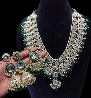 Jewel City Royal Polki Kundan Necklace Set with Green Emerald Accents - Vintage-Inspired Bridal Collection