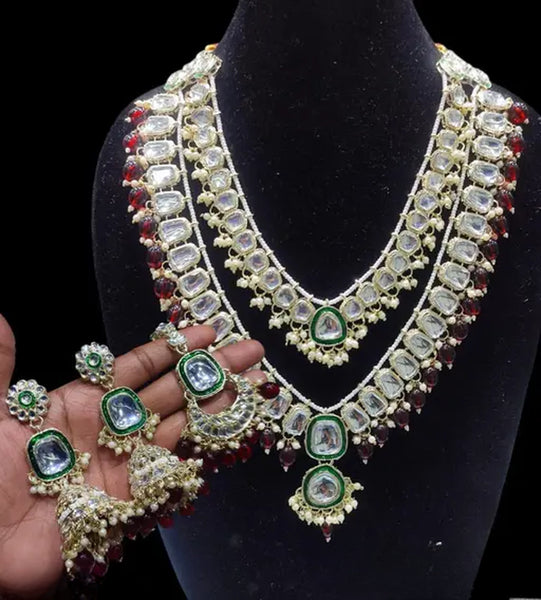 Jewel City Royal Polki Kundan Necklace Set with Maroon Accents - Vintage-Inspired Bridal Collection