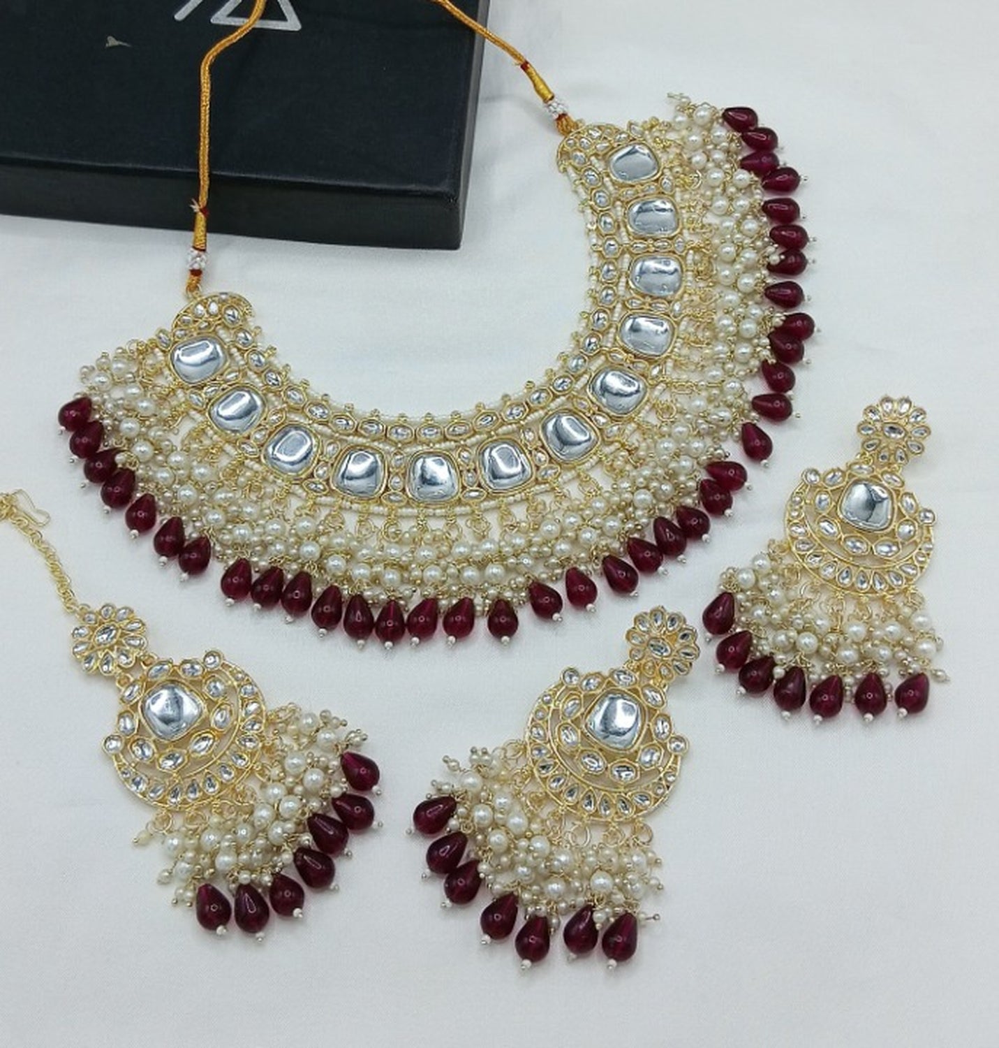 Jewel City Luxurious Kundan Choker Set with Pearl and Maroon Bead Accents - Traditional Indian Bridal Jewelry
