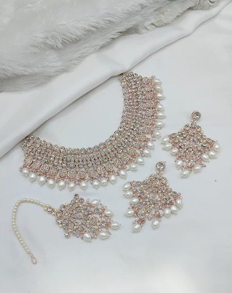 Jewel City Elegant Gold-Plated Kundan Pearl Bridal Jewelry Set Traditional Handcrafted Necklace, Earrings and Maang Tikka