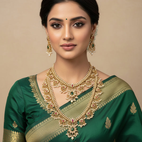 Jewel City Gold-Plated Kundan Bridal Necklace Set with Long Haram & Earrings  - Distacart