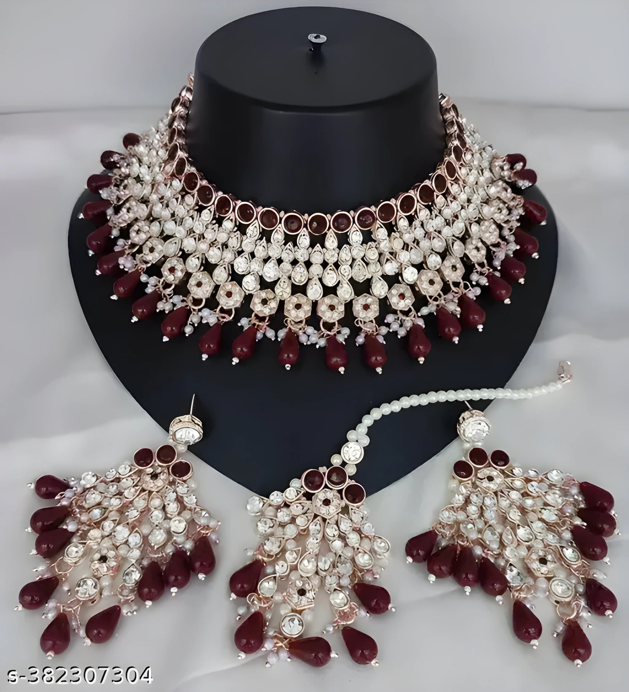 Jewel City Regal Maroon Kundan & Pearl Bridal Jewelry Set-Luxury Choker Necklace Earrings & Maang Tikka-Ethnic Wedding & Party Wear