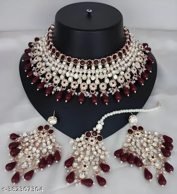 Jewel City Regal Maroon Kundan & Pearl Bridal Jewelry Set-Luxury Choker Necklace Earrings & Maang Tikka-Ethnic Wedding & Party Wear - Distacart