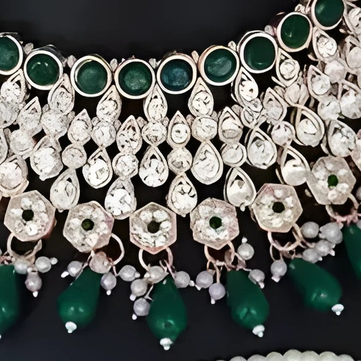 Jewel City Royal Green Kundan & Pearl Bridal Jewelry Set-Luxury Choker Necklace Earrings & Maang Tikka-Ethnic Wedding & Party Wear