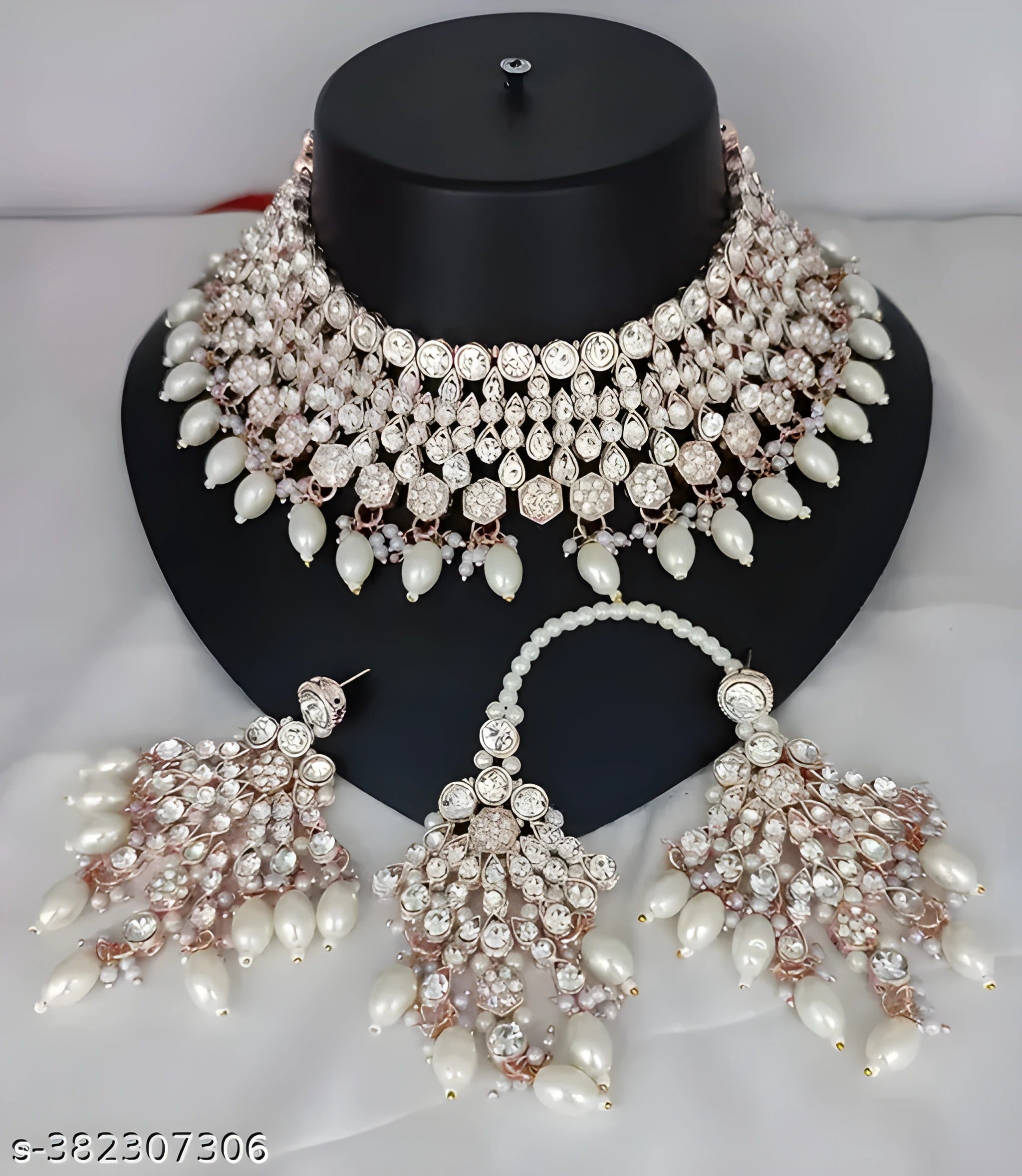 Jewel City Elegant White Kundan & Pearl Bridal Jewelry Set-Luxury Choker Necklace Earrings & Maang Tikka-Ethnic Wedding & Party Wear