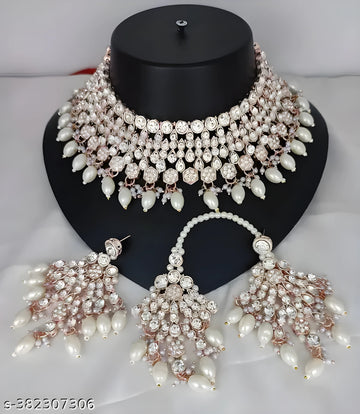 Jewel City Elegant White Kundan & Pearl Bridal Jewelry Set-Luxury Choker Necklace Earrings & Maang Tikka-Ethnic Wedding & Party Wear - Distacart