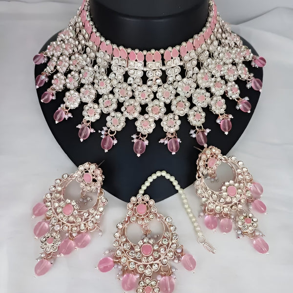 Jewel City Graceful Pink Kundan & Pearl Bridal Jewelry Set-Statement Choker Necklace Earrings & Maang Tikka-Wedding & Festive Wear - Distacart