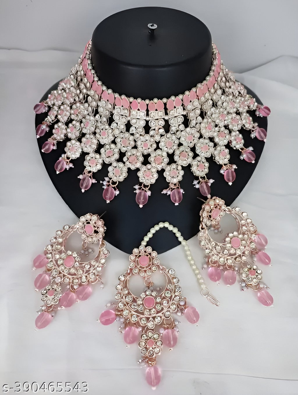 Jewel City Graceful Pink Kundan & Pearl Bridal Jewelry Set-Statement Choker Necklace Earrings & Maang Tikka-Wedding & Festive Wear - Distacart