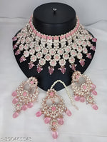 Thumbnail for Jewel City Graceful Pink Kundan & Pearl Bridal Jewelry Set-Statement Choker Necklace Earrings & Maang Tikka-Wedding & Festive Wear