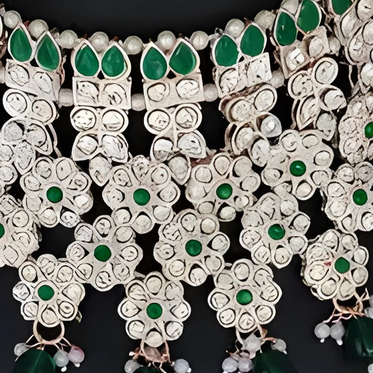 Jewel City Royal Green Kundan & Pearl Bridal Jewelry Set-Statement Choker Necklace Earrings & Maang Tikka-Wedding & Festive Wear