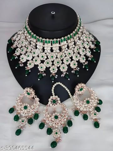 Jewel City Royal Green Kundan & Pearl Bridal Jewelry Set-Statement Choker Necklace Earrings & Maang Tikka-Wedding & Festive Wear - Distacart