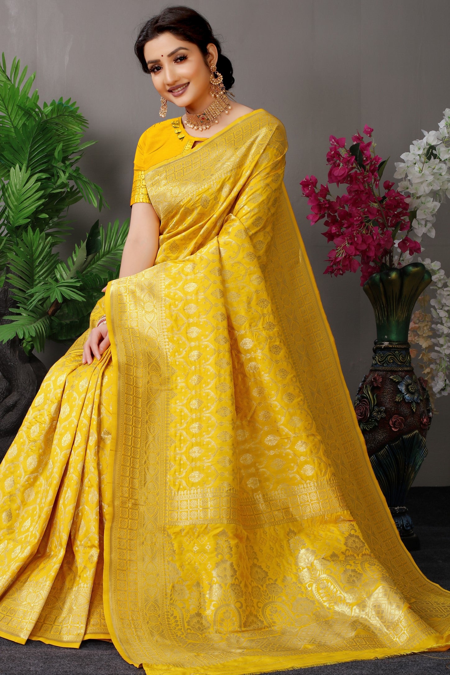 Anaita Yellow Woven Design Pure Silk Banarasi Saree With Blouse - Distacart
