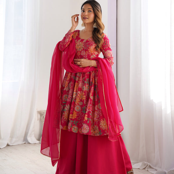 Lorenvalley Women Pure Soft Roman silk Chanderi Discharge Print Fabric Kediya Kurta Palazzo with Dupatta Set - Ranipink - Distacart