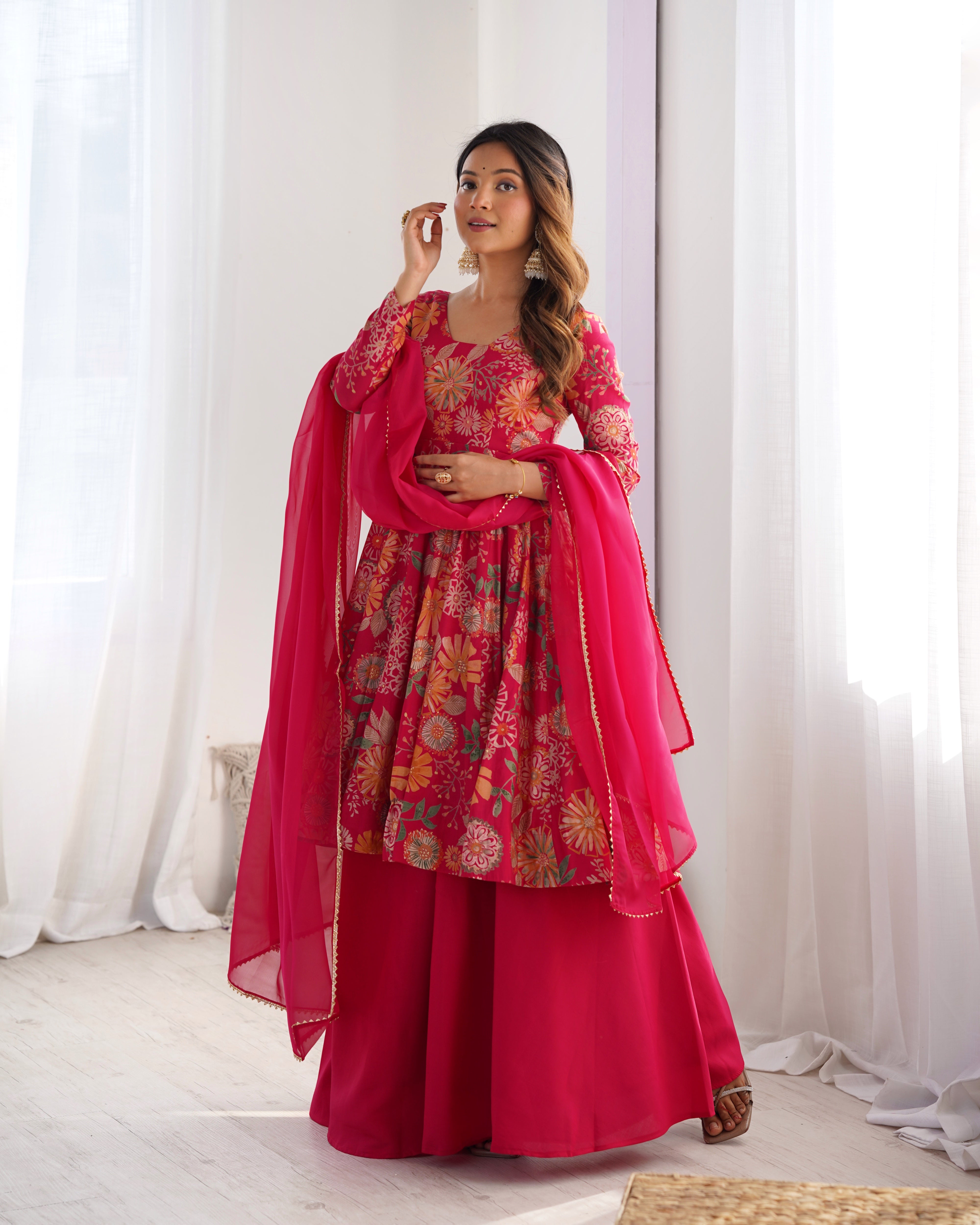 Lorenvalley Women Pure Soft Roman silk Chanderi Discharge Print Fabric Kediya Kurta Palazzo with Dupatta Set - Ranipink - Distacart