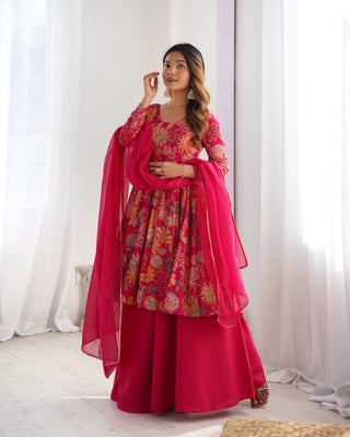 Lorenvalley Women Pure Soft Roman silk Chanderi Discharge Print Fabric Kediya Kurta Palazzo with Dupatta Set - Ranipink - Distacart
